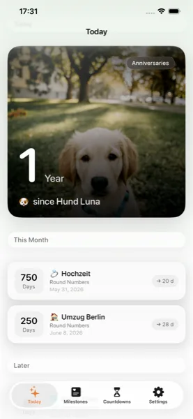 seit. home screen showing today's milestone
